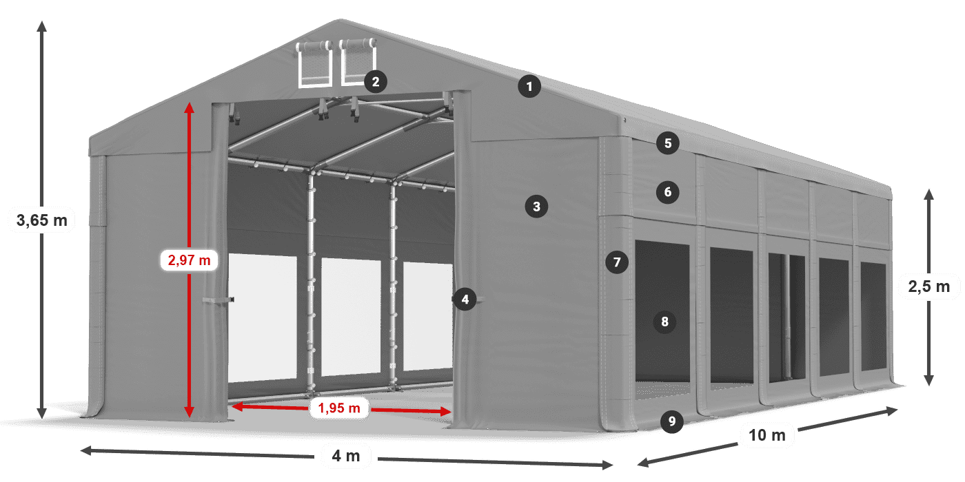 Dach: FR 620 PVC Wände: MS 580 PVC 2,5 m Legende