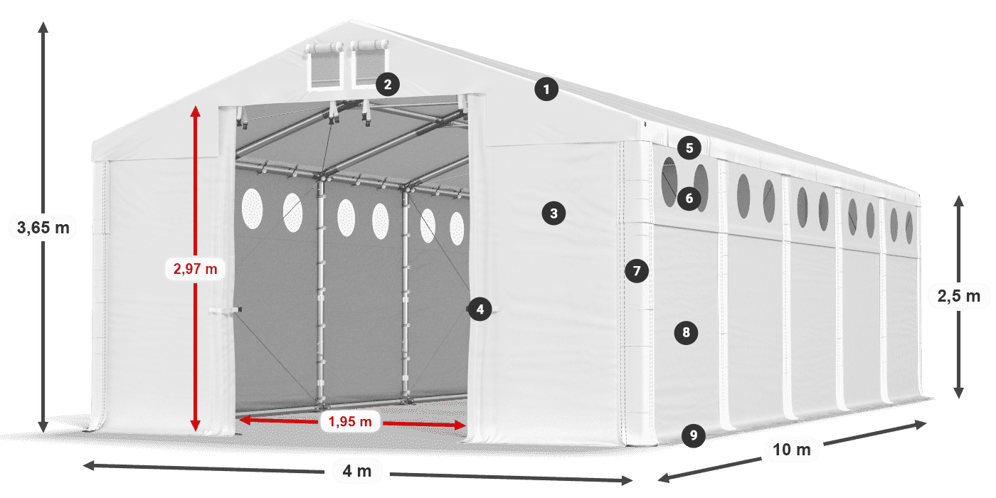 Dach: FR 620 PVC Wände: MS O 580 PVC 2,5 m Legende