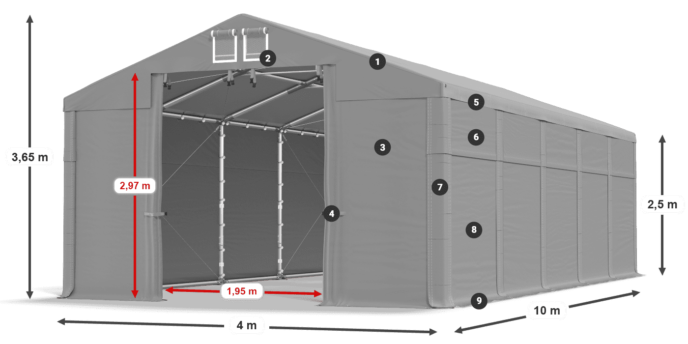 Dach: MS 580 PVC Wände: FR 620 PVC 2,5 m Legende