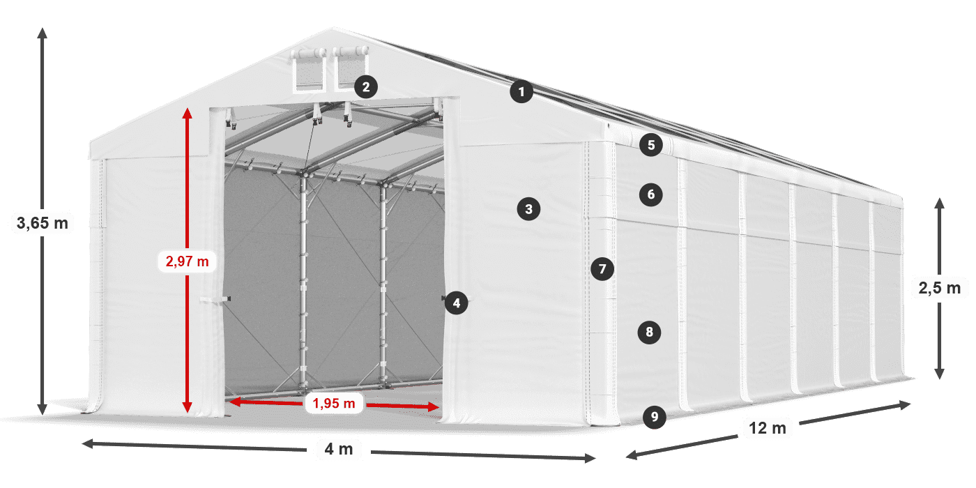 Dach: MS T 580 PVC Wände: FR 620 PVC 2,5 m Legende