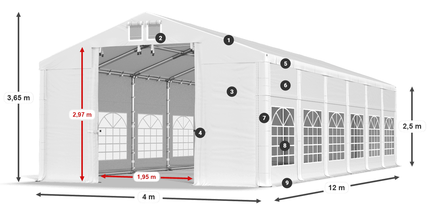 Dach: MS 580 PVC Wände: FR 620 PVC 2,5 m Legende