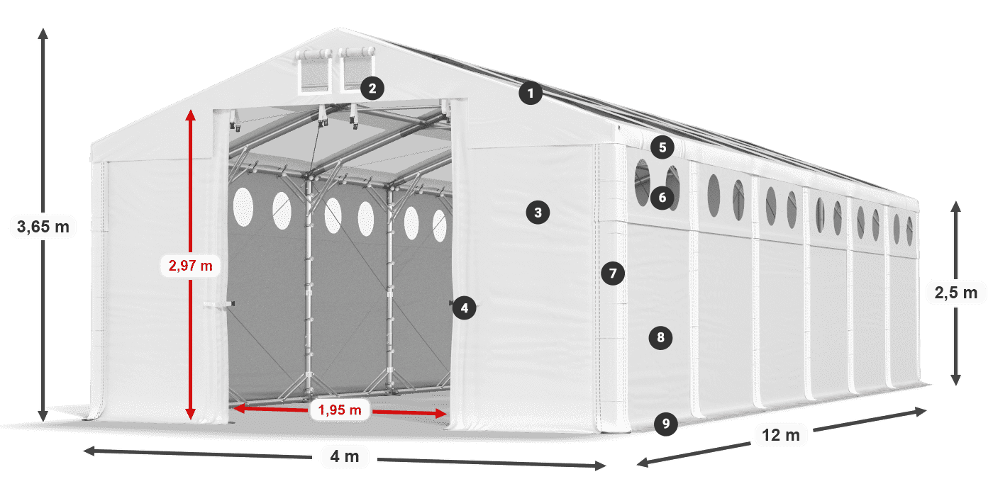 Dach: MS T 580 PVC Wände: MS O 580 PVC 2,5 m Legende