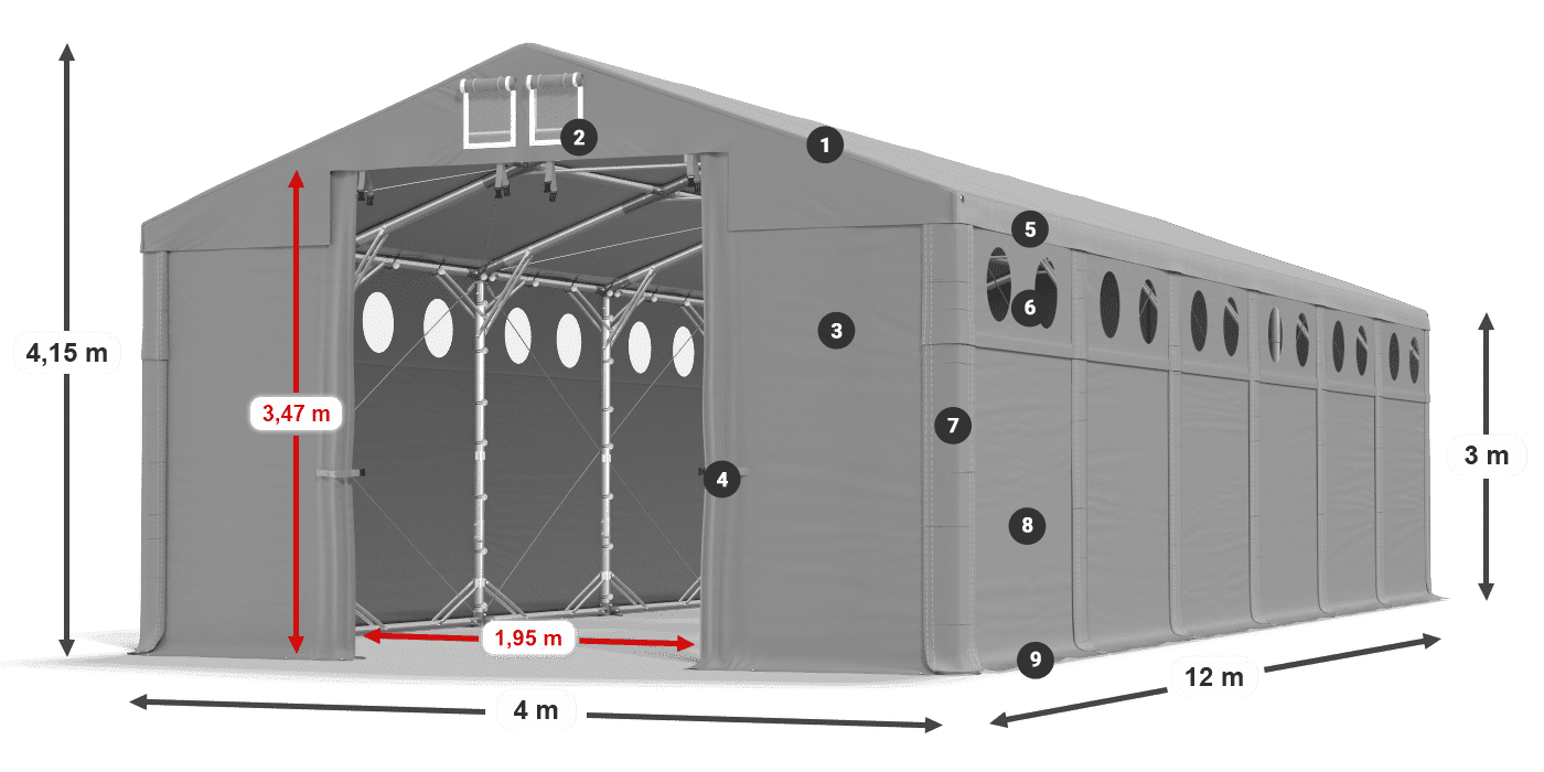 Dach: FR 620 PVC Wände: MS O 580 PVC 3m Legende