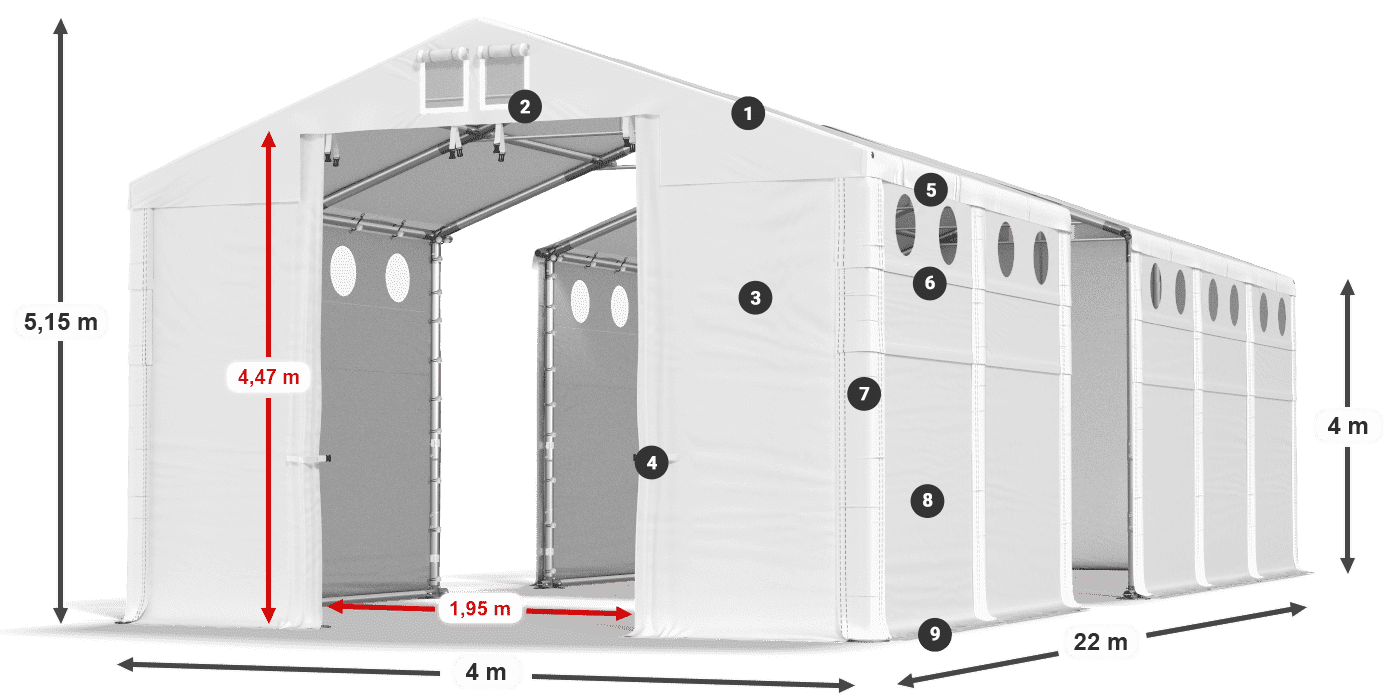 Dach: MS 580 PVC Wände: FR O 620 PVC 4m Legende