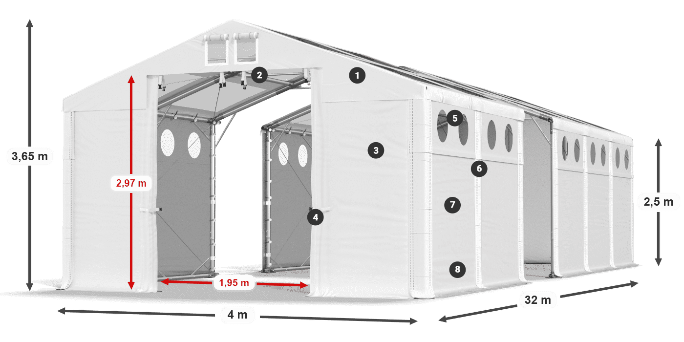 Dach: MS T 580 PVC Wände: FR O 620 PVC 2,5 m Legende