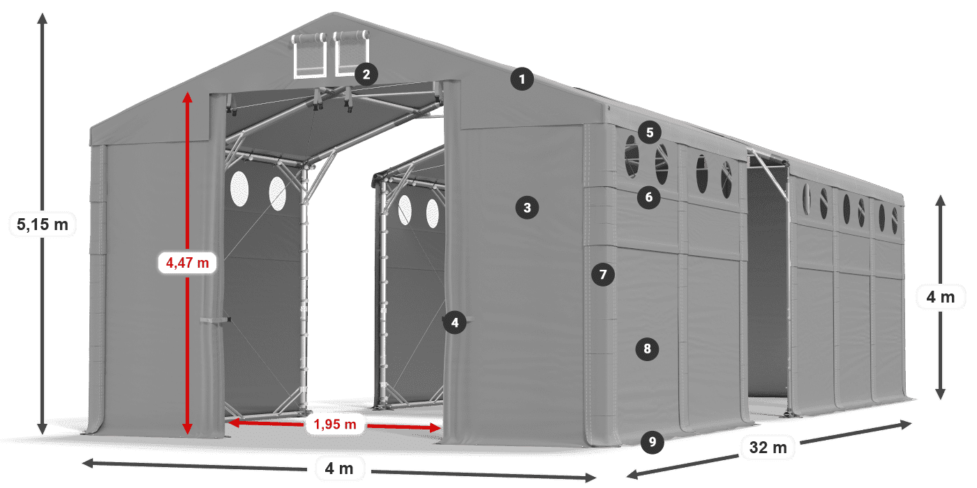 Dach: FR 620 PVC Wände: MS O 580 PVC 4m Legende