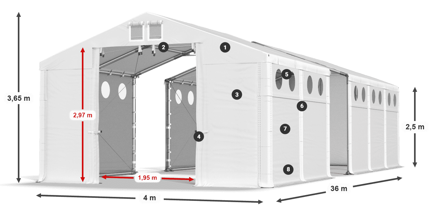 Dach: MS 580 PVC Wände: FR O 620 PVC 2,5 m Legende