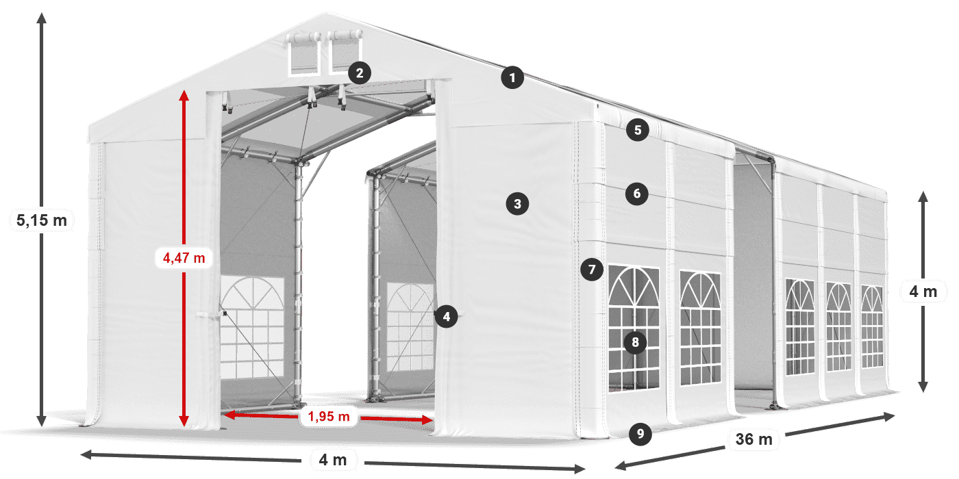 Dach: MS T 580 PVC Wände: SD 500 I PVC 4m Legende