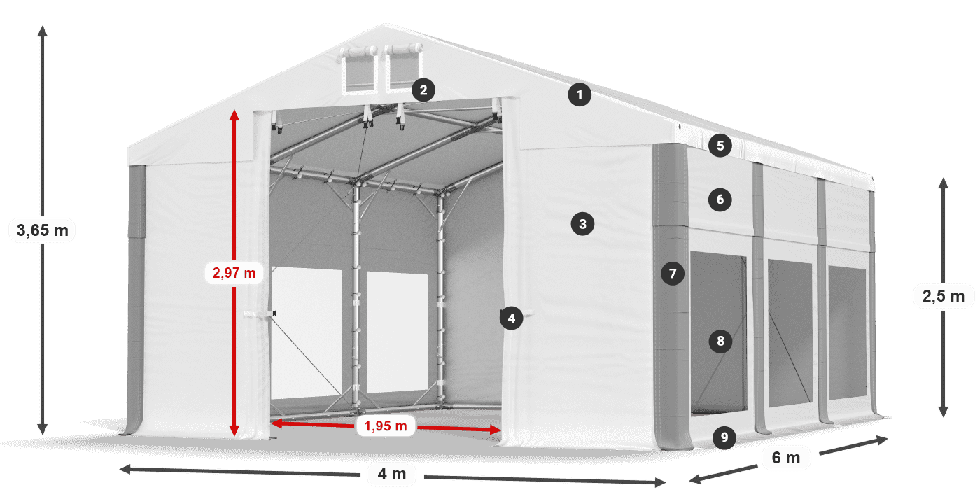 Dach: FR 620 PVC Wände: MS 580 PVC 2,5 m Legende