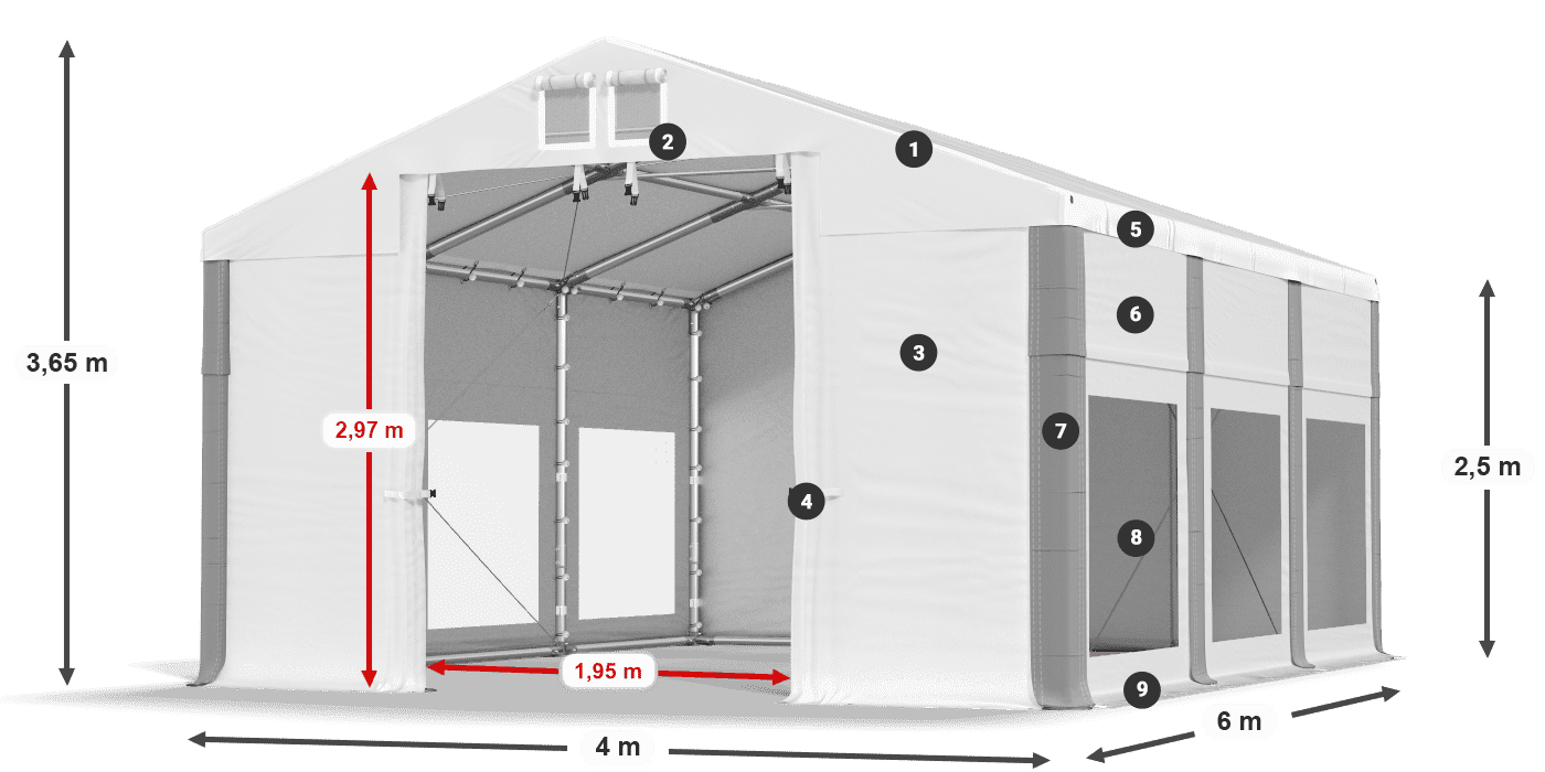 Dach: FR 620 PVC Wände: MS 580 PVC 2,5 m Legende