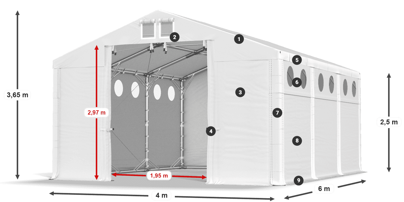 Dach: FR 620 PVC Wände: SD O 500 PVC 2,5 m Legende