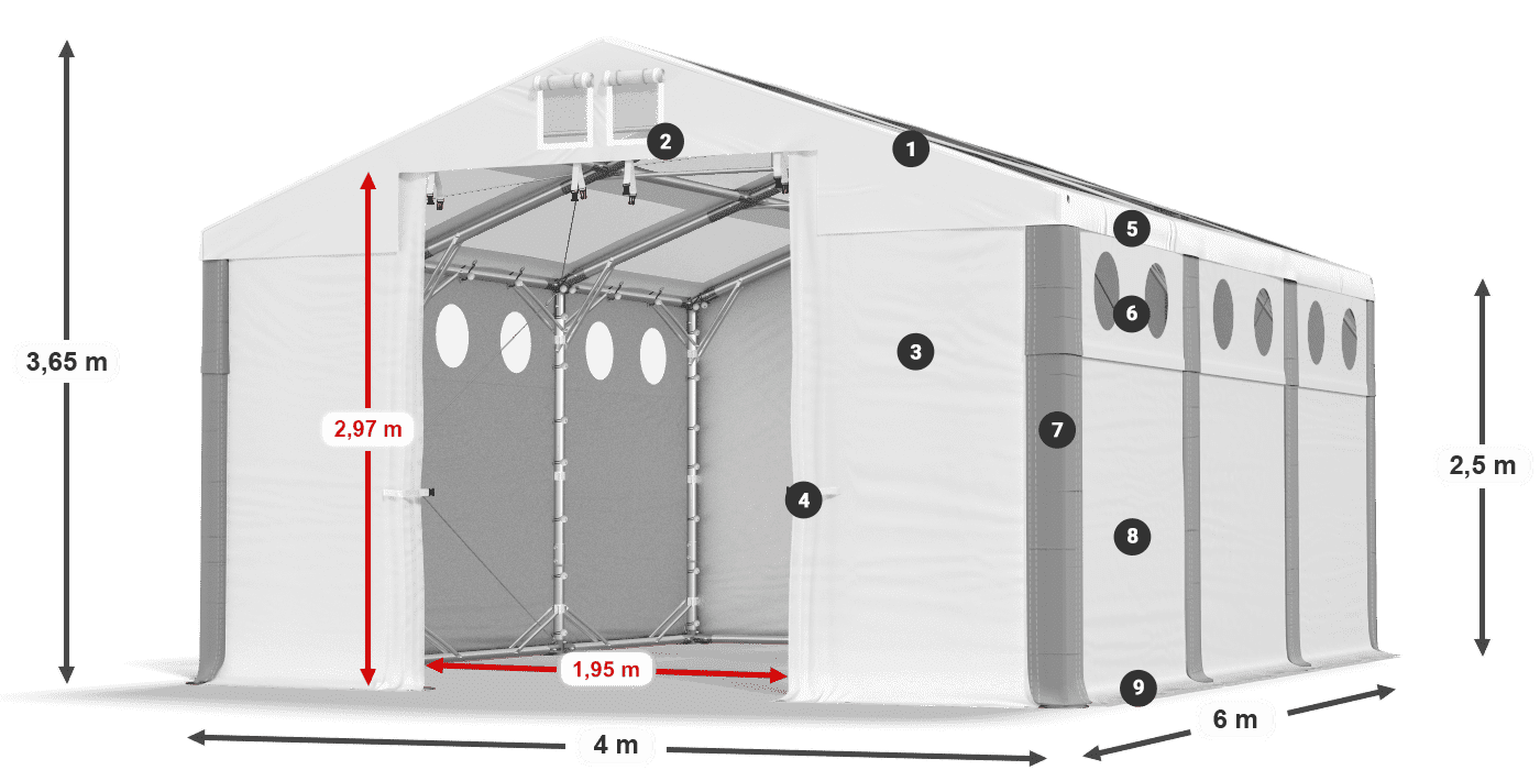 Dach: MS T 580 PVC Wände: FR O 620 PVC 2,5 m Legende