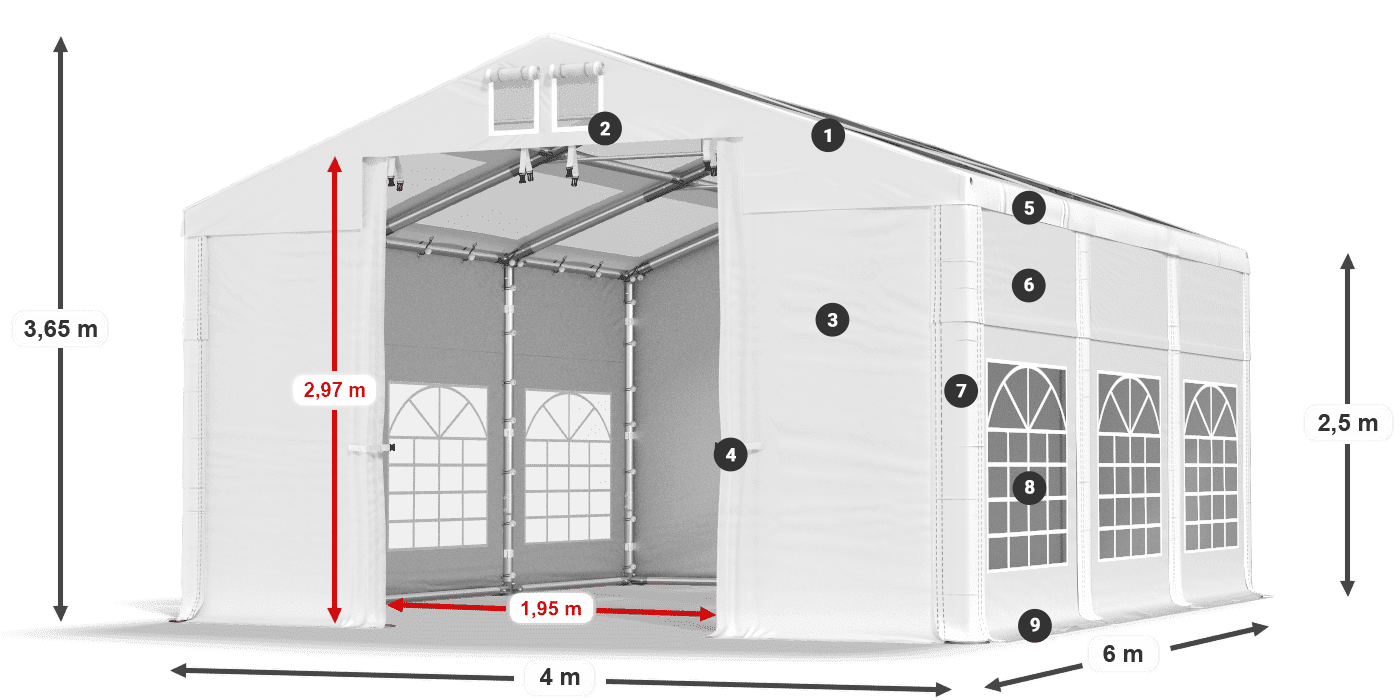 Dach: MS T 580 PVC Wände: FR 620 PVC 2,5 m Legende