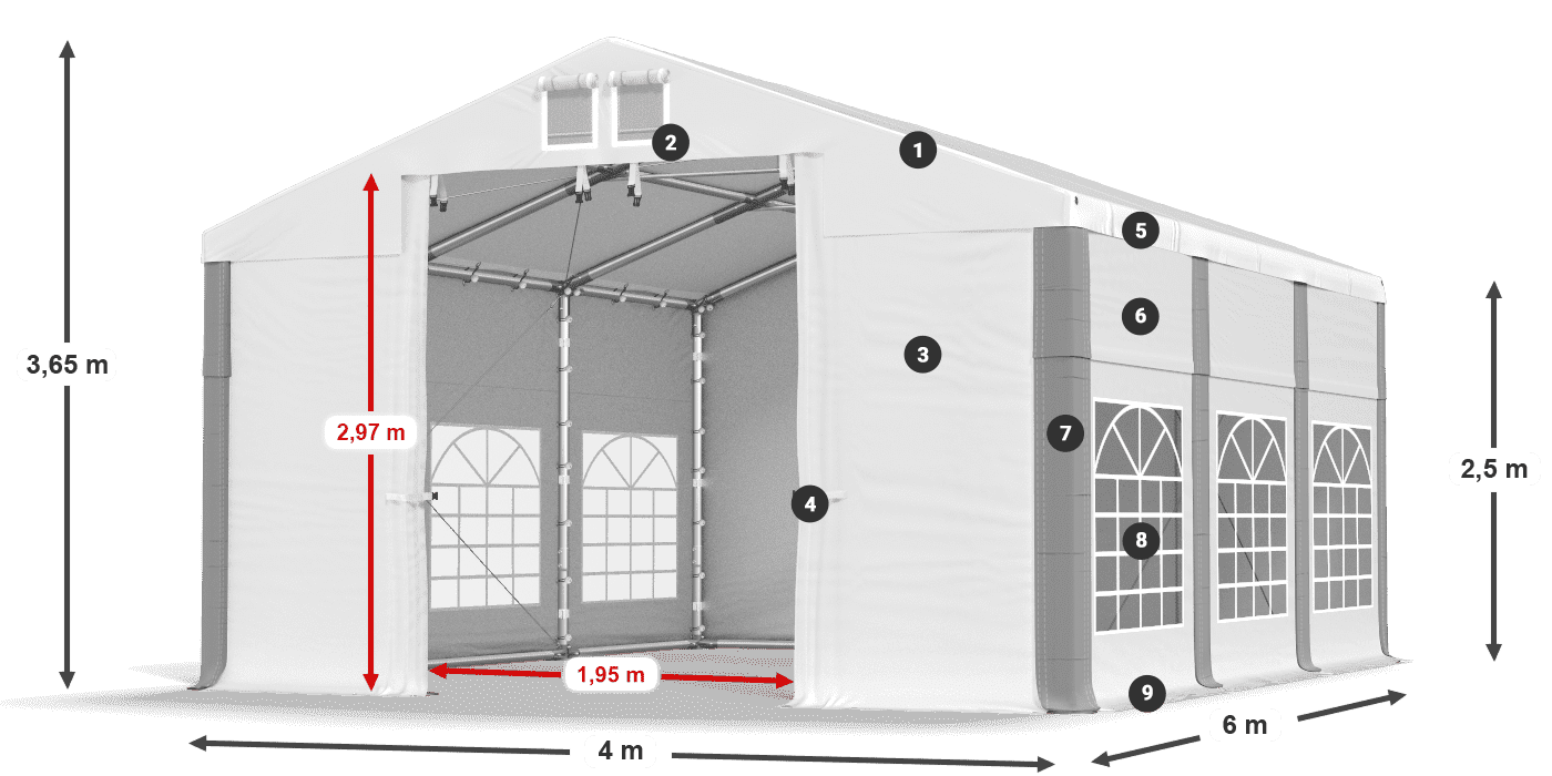 Dach: MS 580 PVC Wände: FR 620 PVC 2,5 m Legende