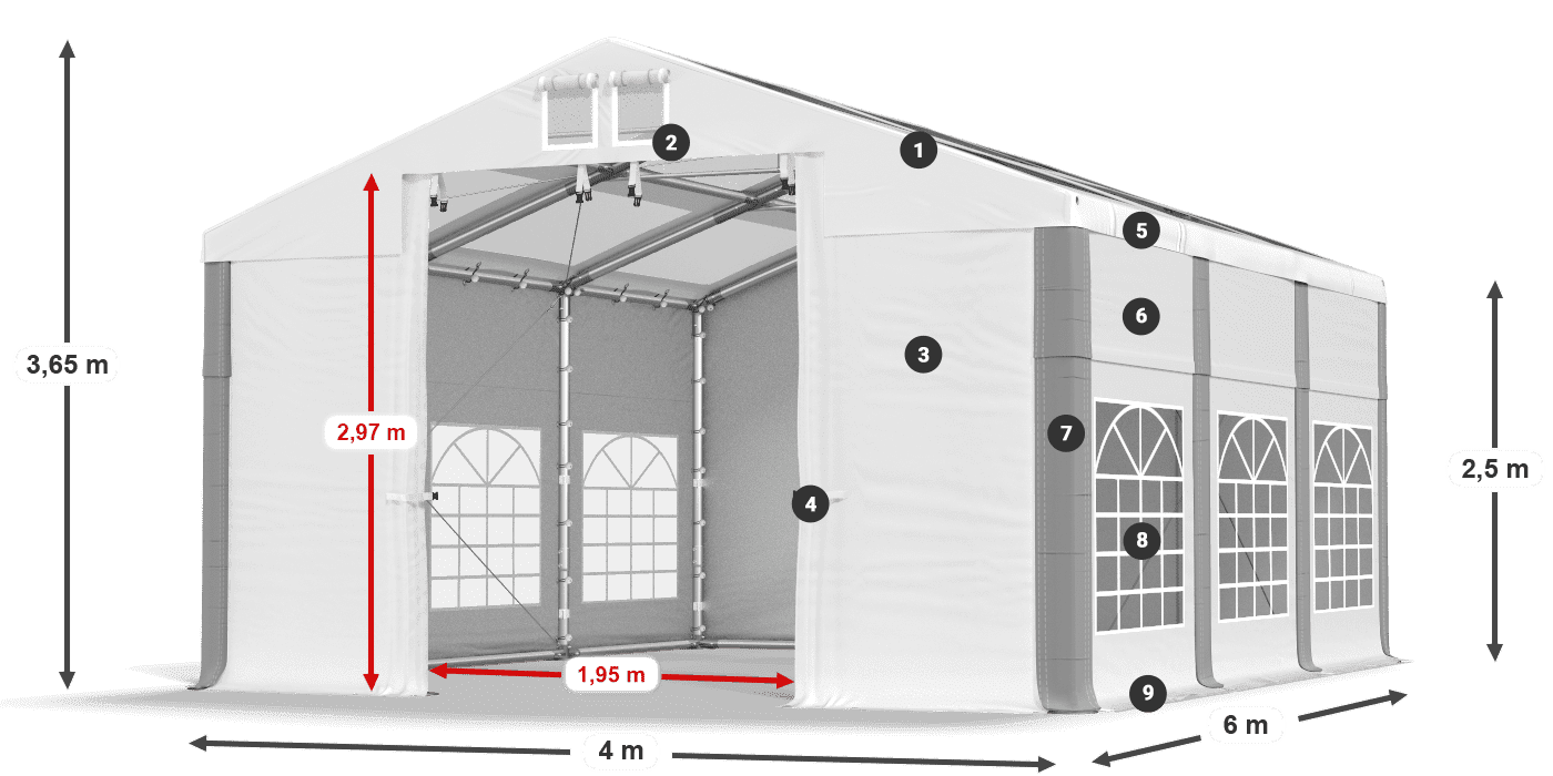 Dach: MS T 580 PVC Wände: FR 620 PVC 2,5 m Legende