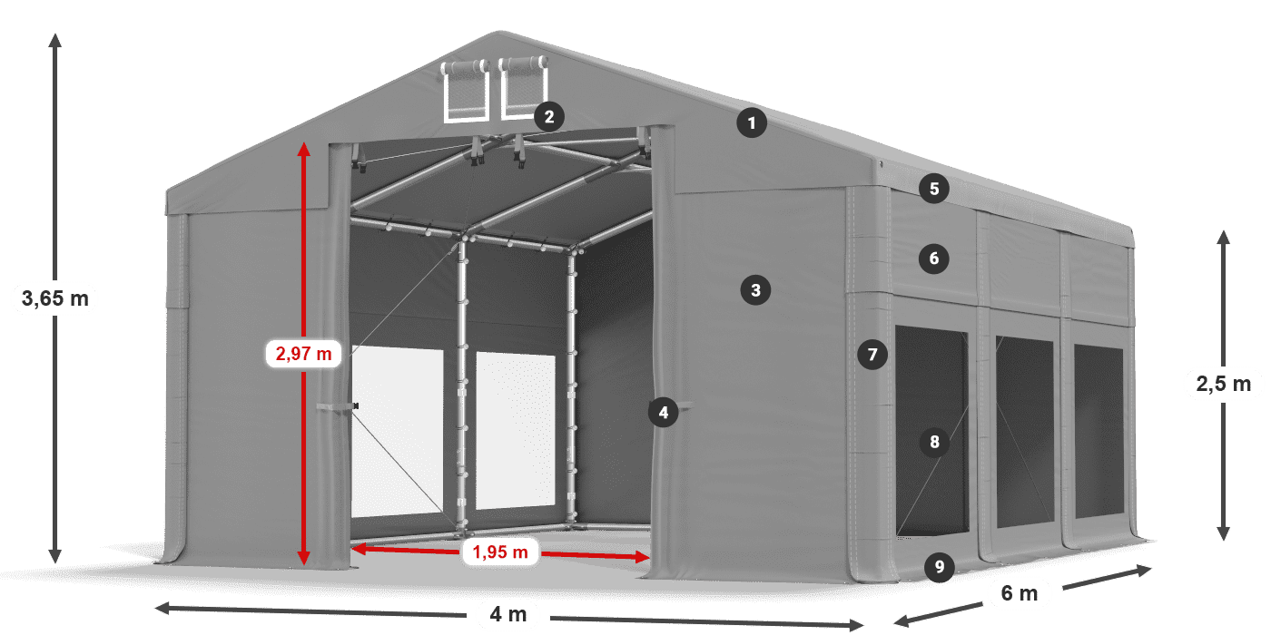 Dach: MS 580 PVC Wände: MS 580 PVC 2,5 m Legende