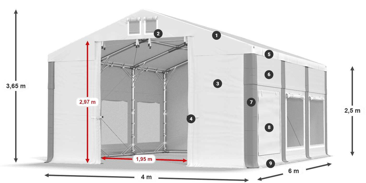 Dach: MS 580 PVC Wände: SD M 500 PVC 2,5 m Legende