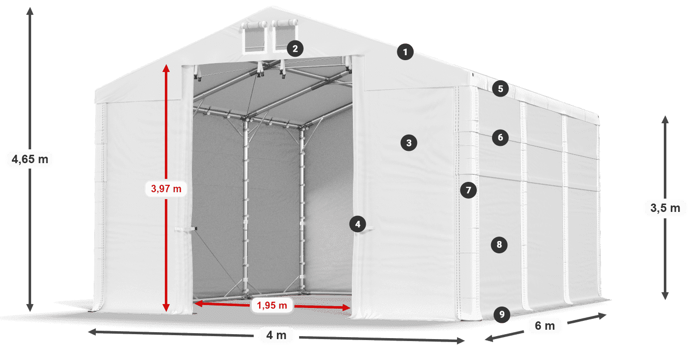 Dach: MS 580 PVC Wände: FR 620 PVC 2,5 m Legende