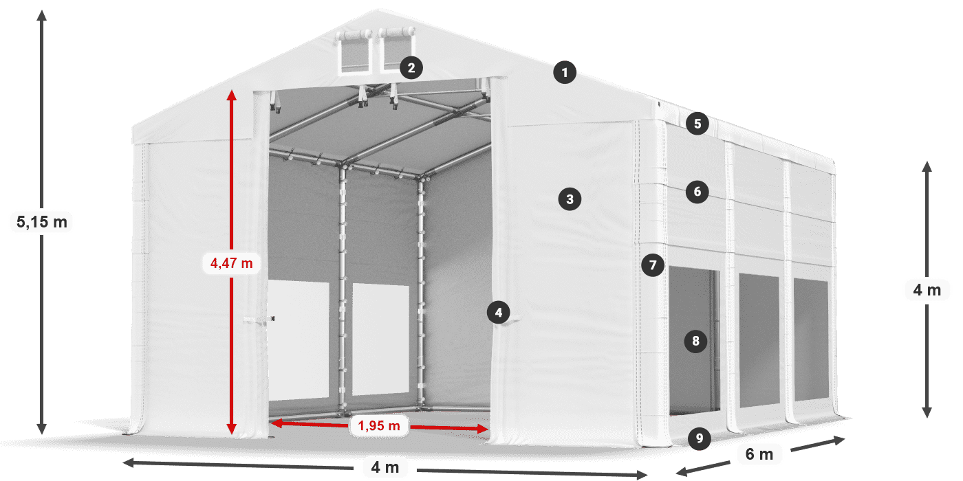 Dach: FR 620 PVC Wände: MS 580 PVC 4m Legende