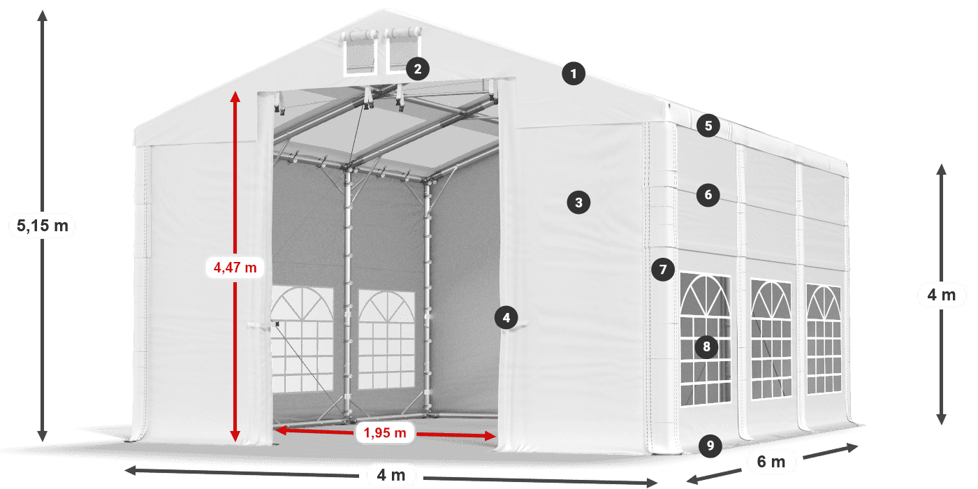 Dach: MS T 580 PVC Wände: FR 620 PVC 4m Legende