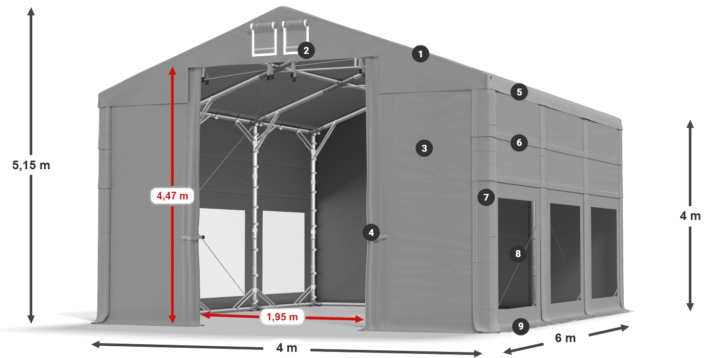 Dach: MS 580 PVC Wände: MS 580 PVC 4m Legende