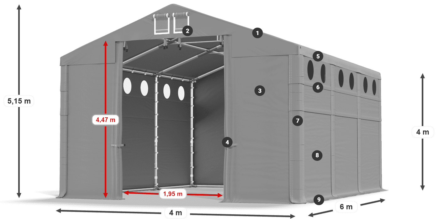 Dach: SD 560 PVC Wände: FR O 620 PVC Legende 4m