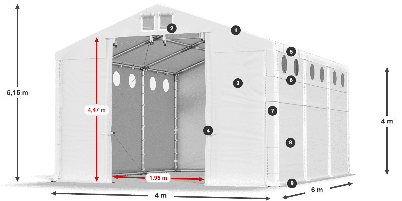 Dach: SD 560 PVC Wände: FR O 620 PVC Legende 4m