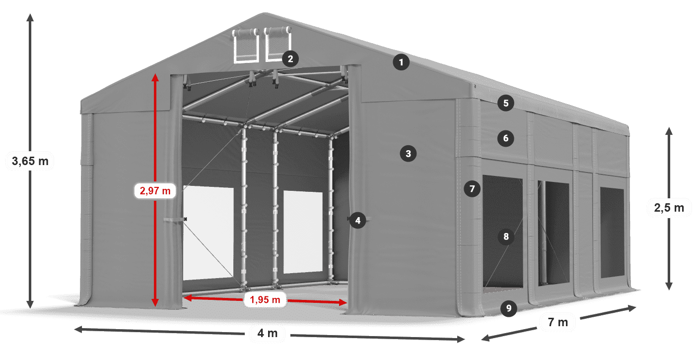 Dach: MS 580 PVC Wände: MS 580 PVC 2,5 m Legende