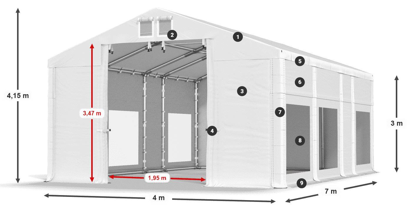 Dach: MS 580 PVC Wände: MS 580 PVC 3m Legende
