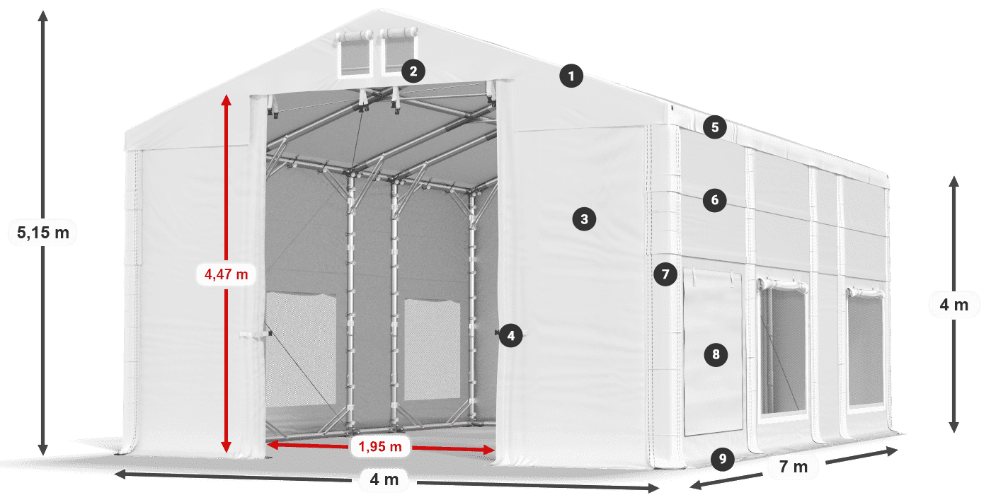 Dach: FR 620 PVC Wände: SD 500 PVC 4m Legende