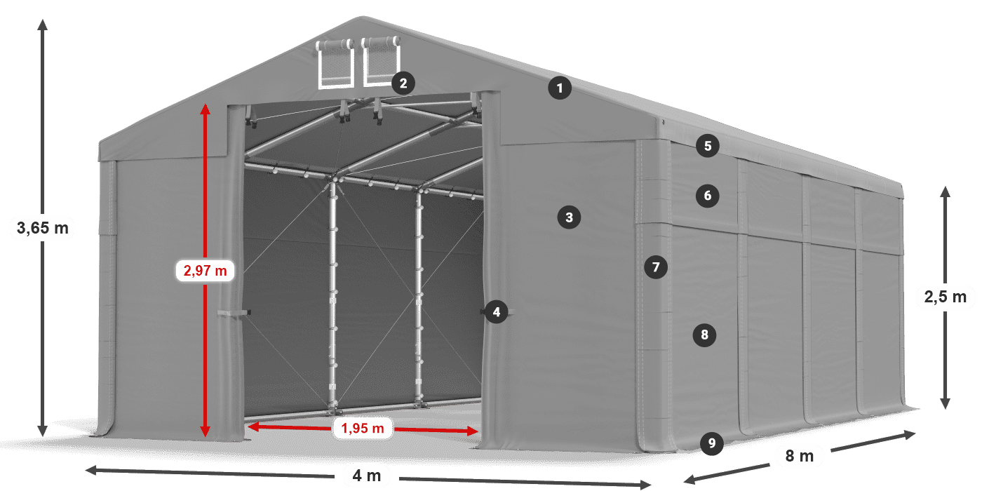 Dach: MS 580 PVC Wände: FR 620 PVC 2,5 m Legende