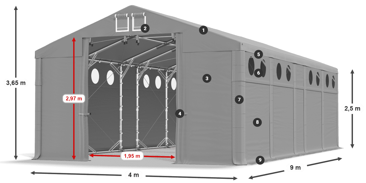 Dach: MS 580 PVC Wände: FR O 620 PVC 2,5 m Legende