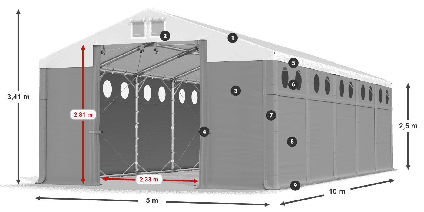 Dach: FR 620 PVC Wände: MS O 580 PVC 2,5 m Legende