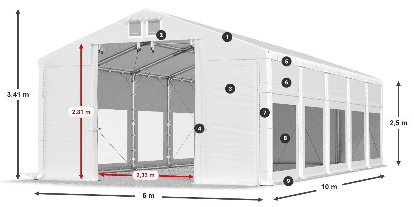 Dach: FR 620 PVC Wände: MS 580 PVC 2,5 m Legende