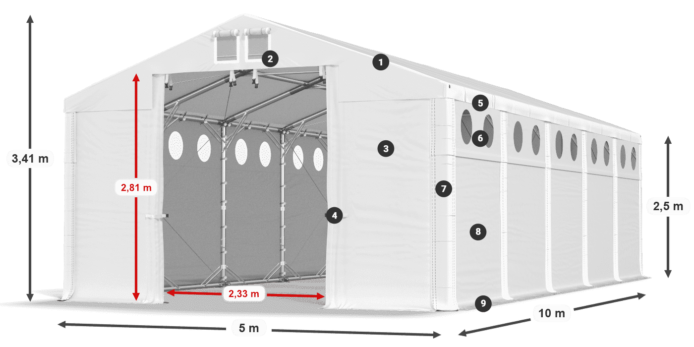 Dach: FR 620 PVC Wände: MS O 580 PVC 2,5 m Legende