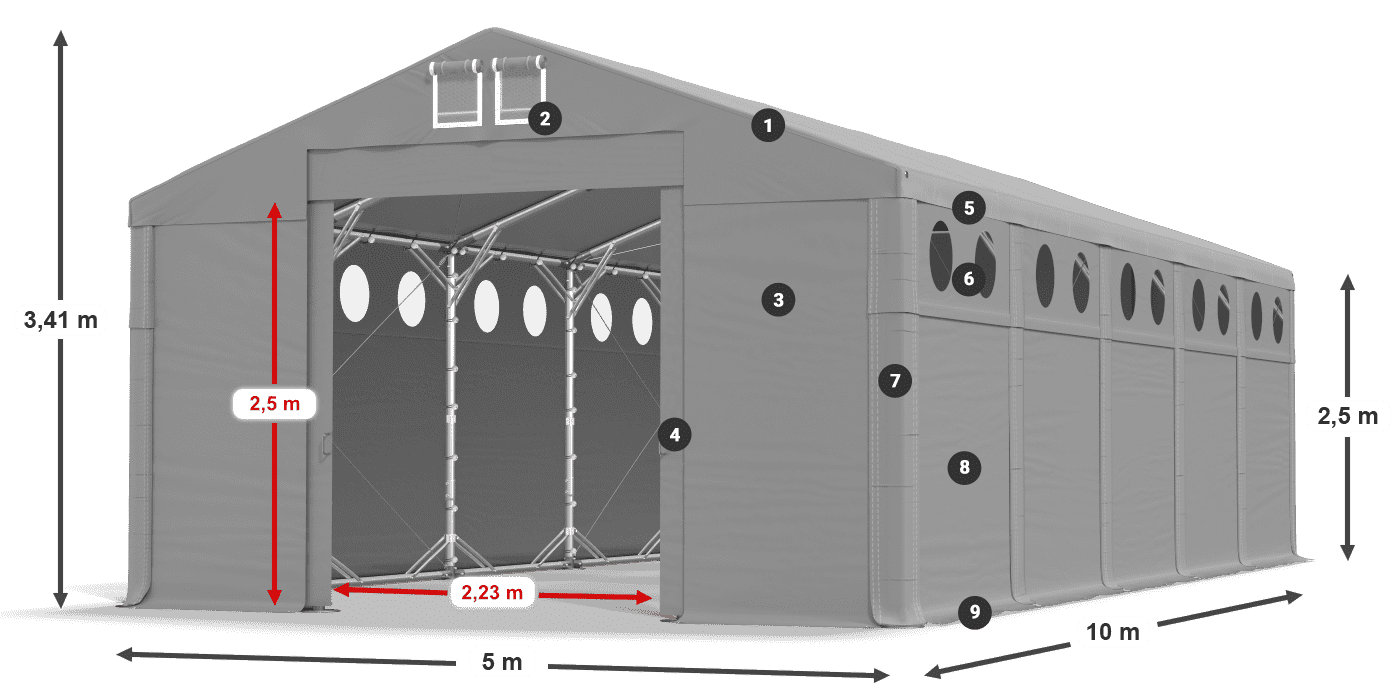 Dach: FR 620 PVC Wände: MS O 580 PVC 2,5 m Legende