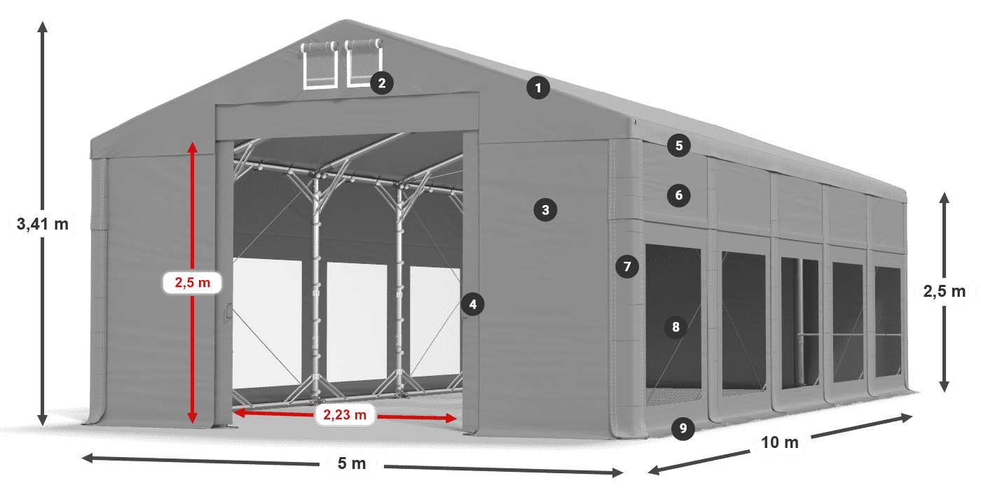 Dach: FR 620 PVC Wände: MS 580 PVC 2,5 m Legende