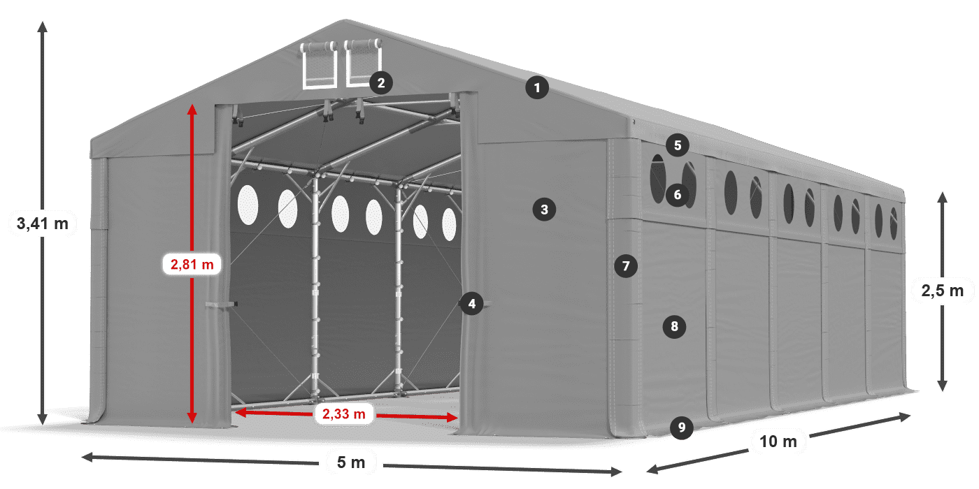 Dach: FR 620 PVC Wände: SD O 500 PVC 2,5 m Legende