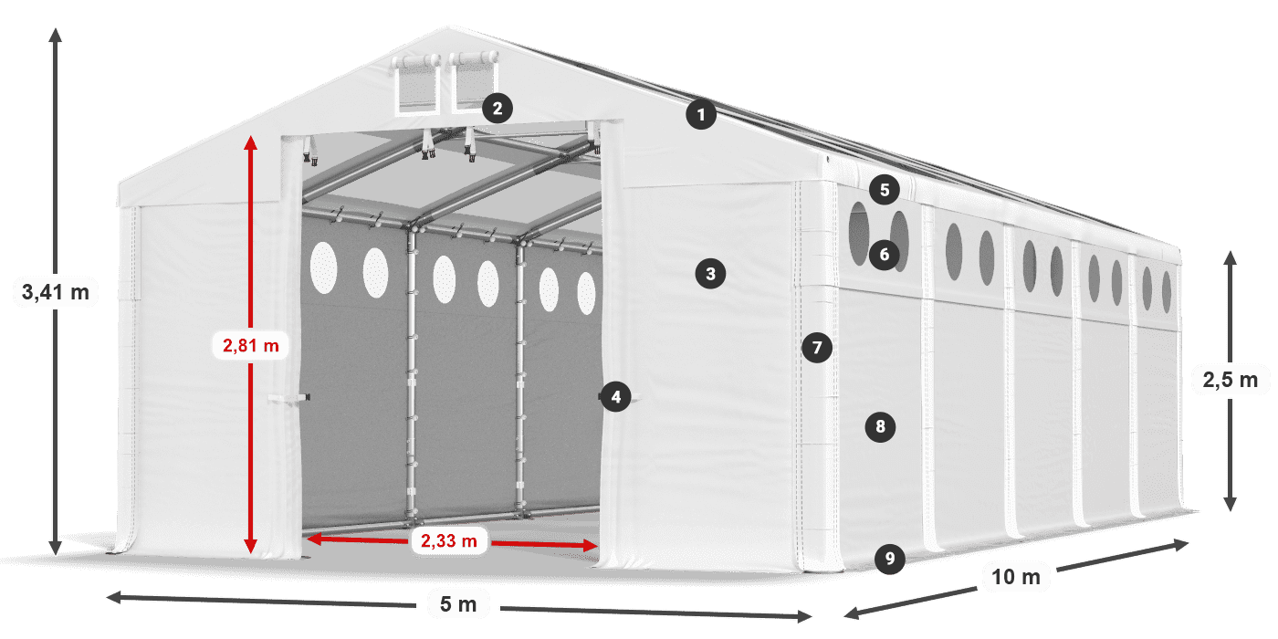 Dach: MS T 580 PVC Wände: FR O 620 PVC 2,5 m Legende