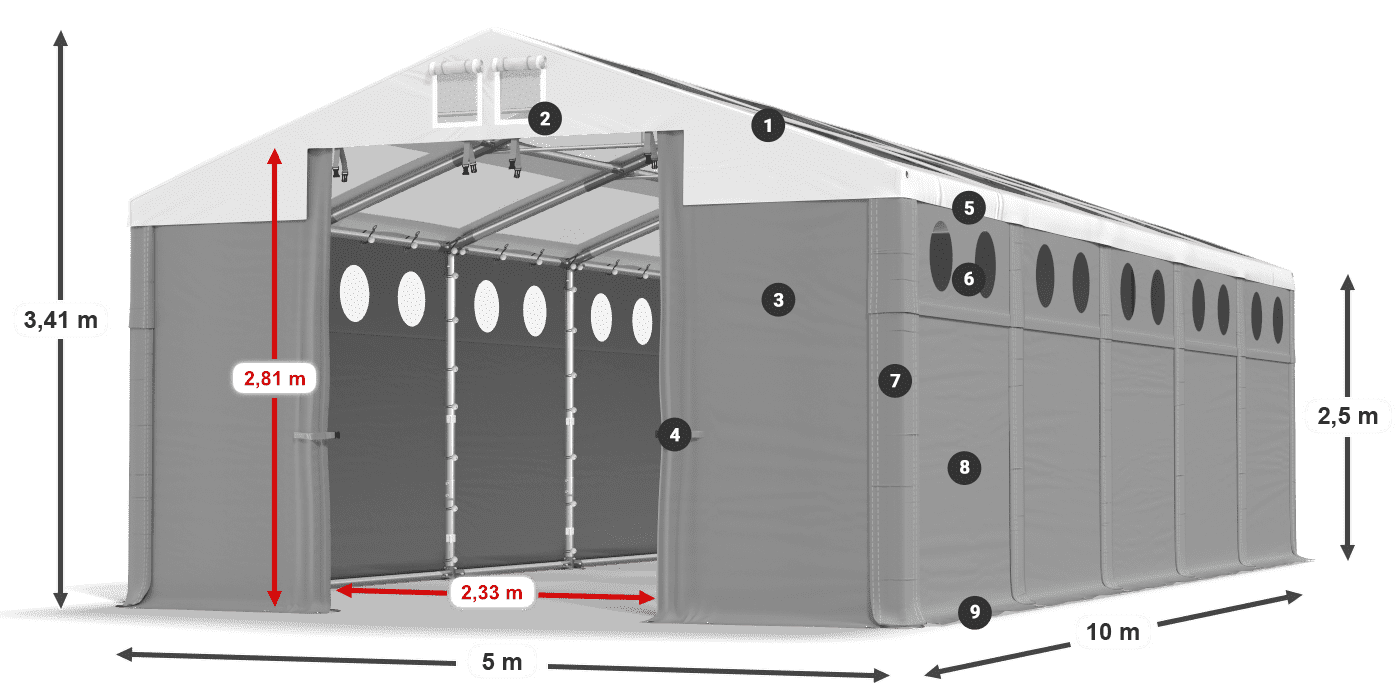 Dach: MS T 580 PVC Wände: FR O 620 PVC 2,5 m Legende