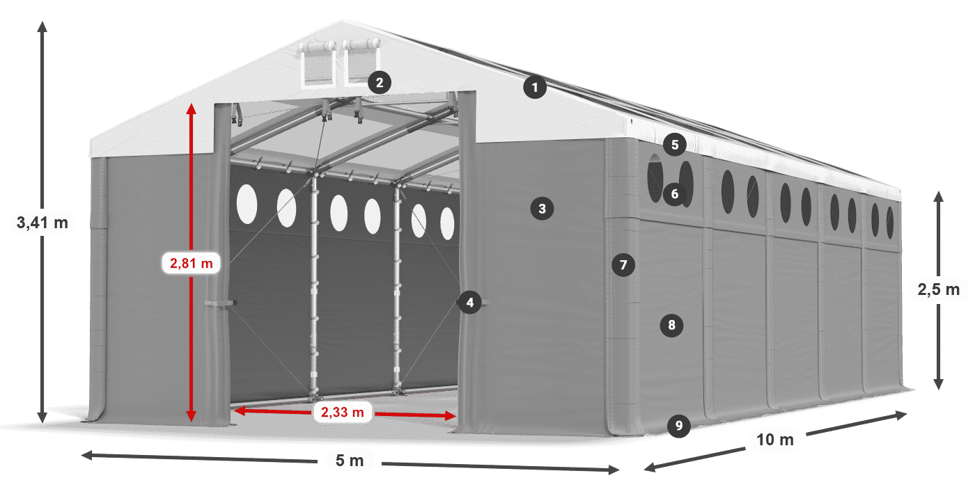 Dach: MS T 580 PVC Wände: SD O 500 PVC 2,5 m Legende