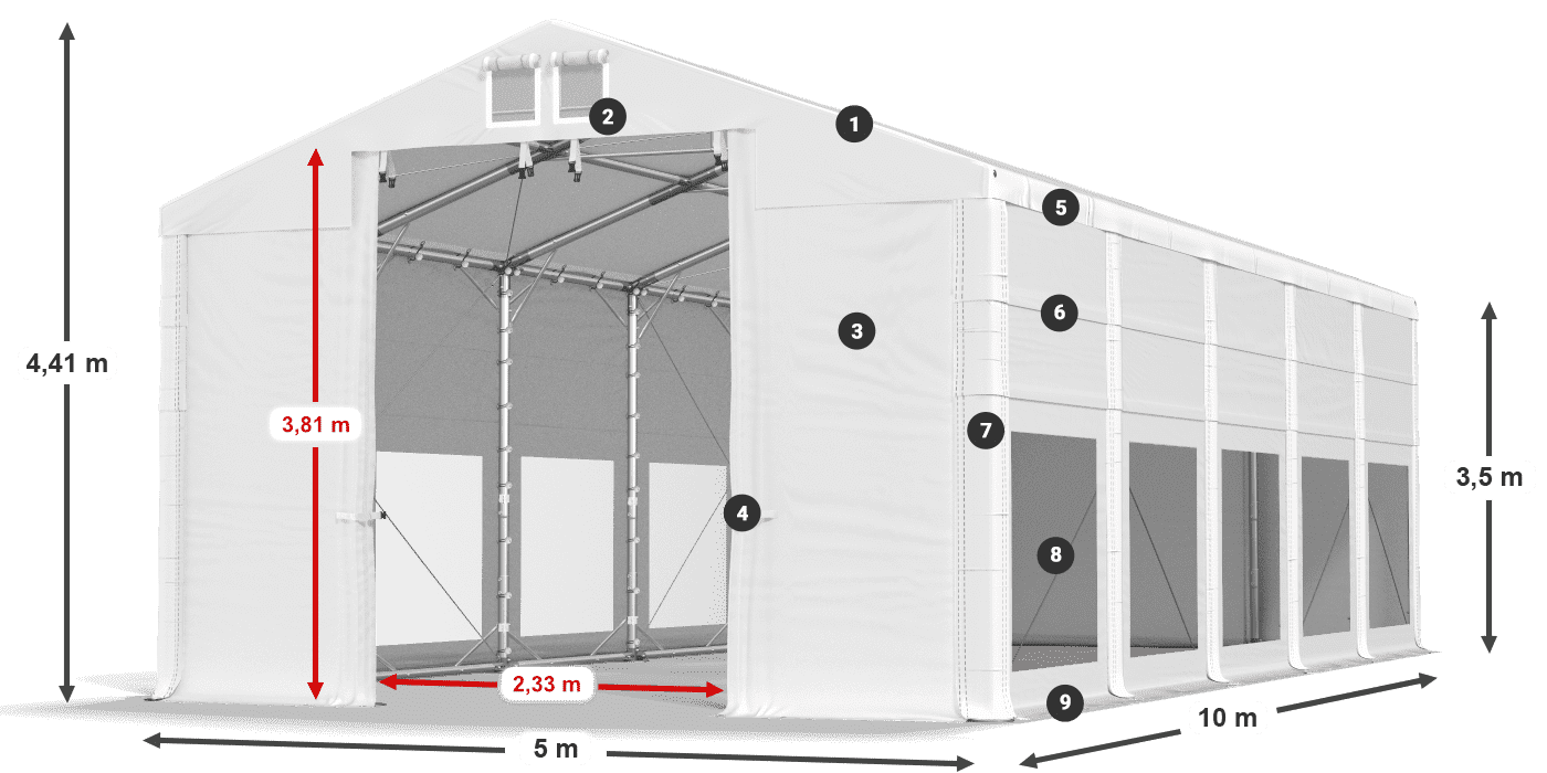 Dach: FR 620 PVC Wände: MS 580 PVC 3,5 m Legende