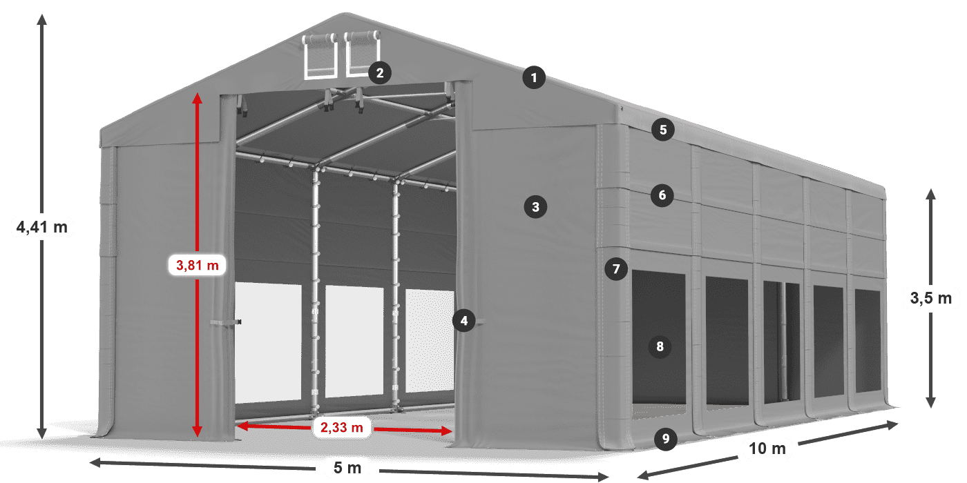 Dach: FR 620 PVC Wände: MS 580 PVC 3,5 m Legende