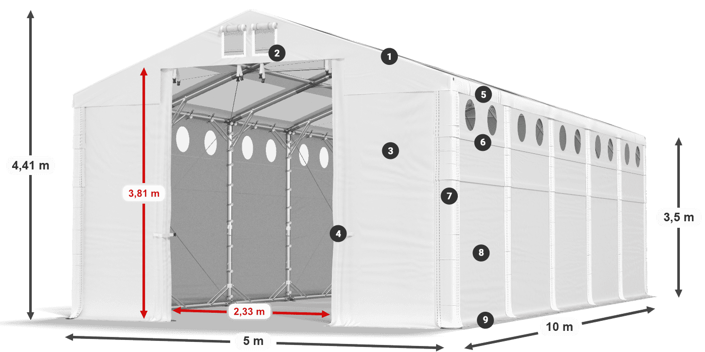 Dach: MS T 580 PVC Wände: FR O 620 PVC 3,5 m Legende