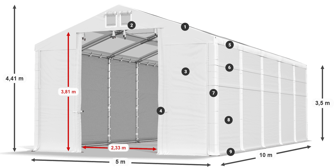 Dach: MS T 580 PVC Wände: FR 620 PVC 3,5 m Legende