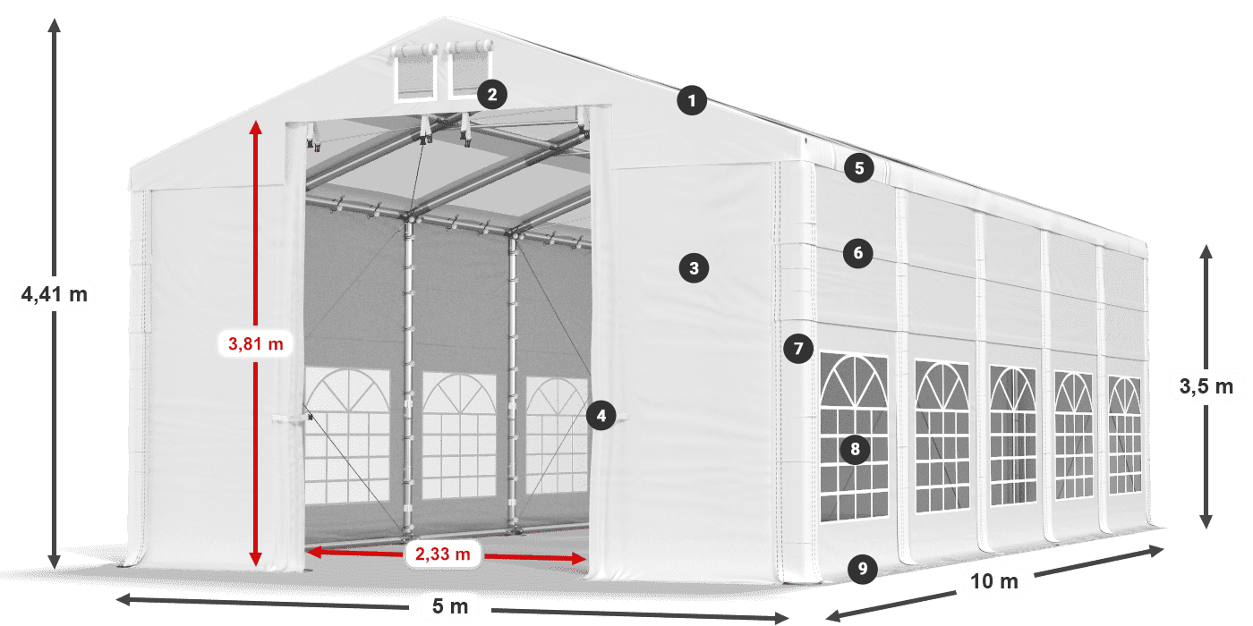 Dach: MS T 580 PVC Wände: FR 620 PVC 2,5 m Legende