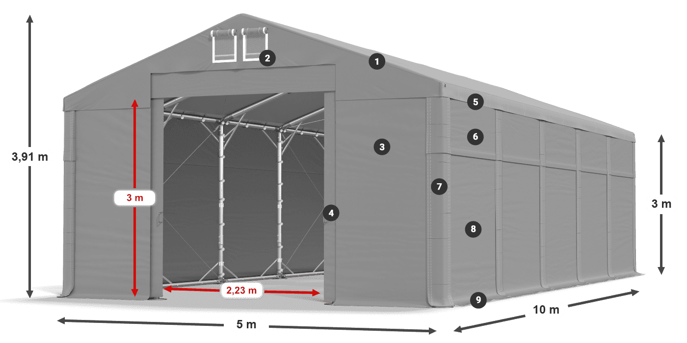 Dach: MS 580 PVC Wände: FR 620 PVC  3 m Legende