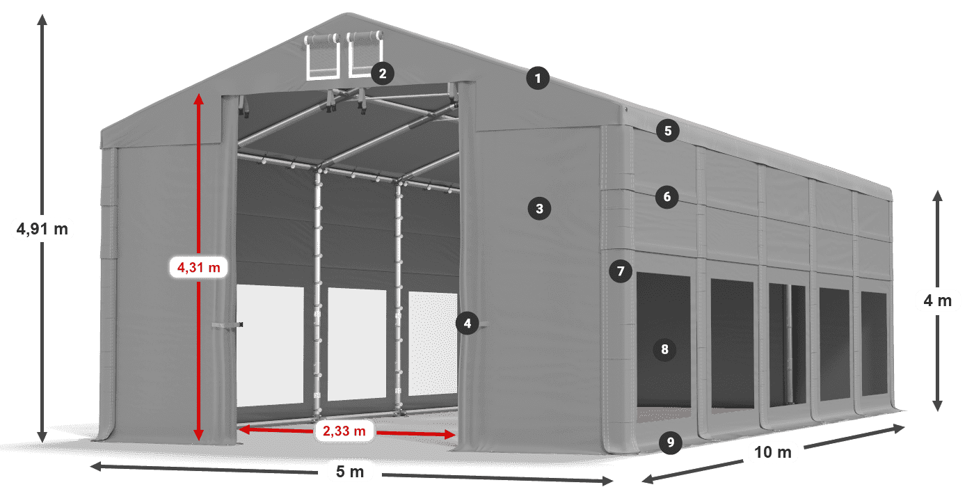 Dach: FR 620 PVC Wände: MS 580 PVC 4m Legende