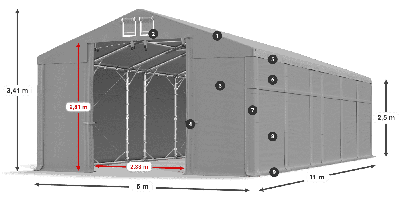 Dach: FR 620 PVC Wände: MS 580 PVC 2,5 m Legende