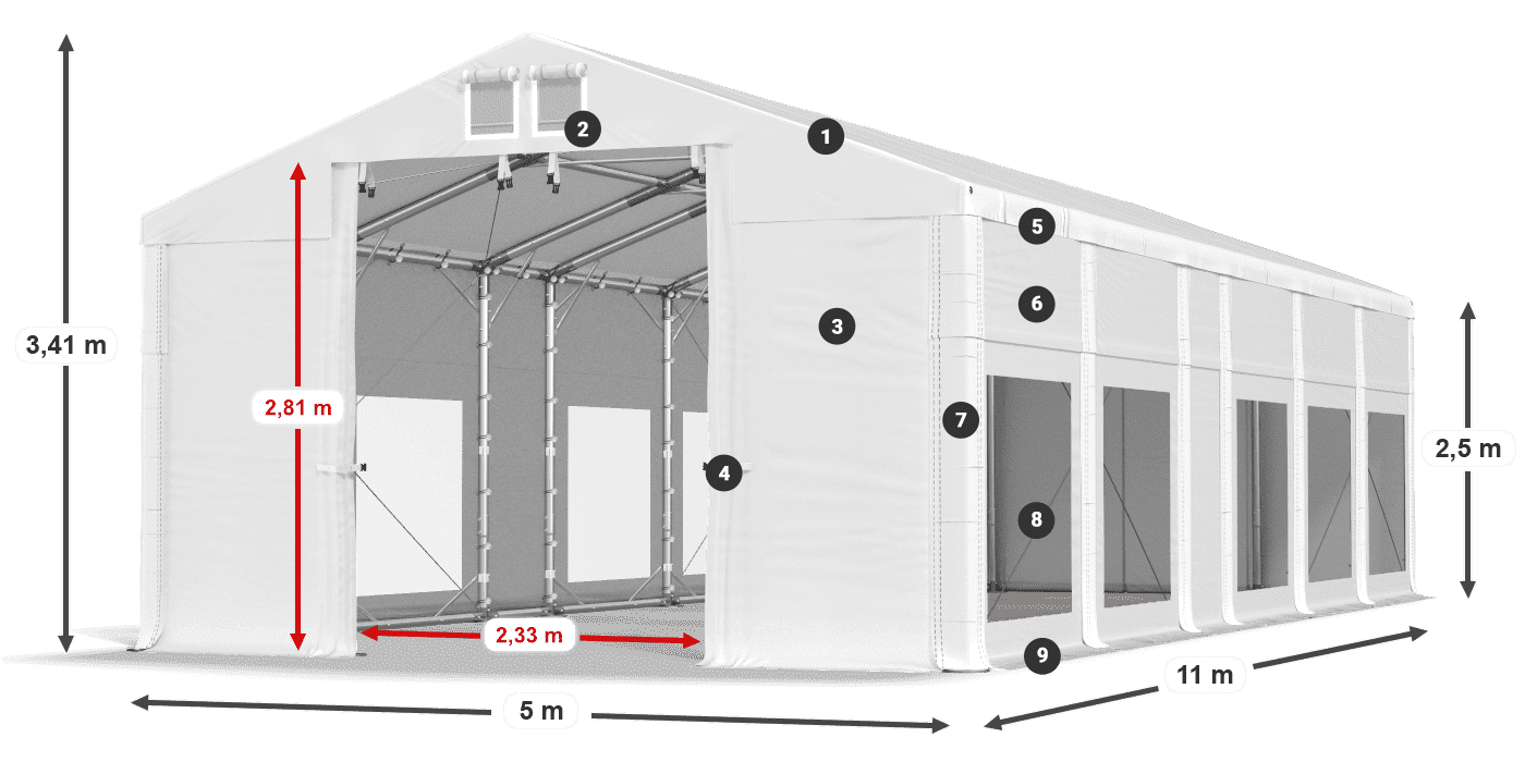 Dach: FR 620 PVC Wände: MS 580 PVC 2,5 m Legende